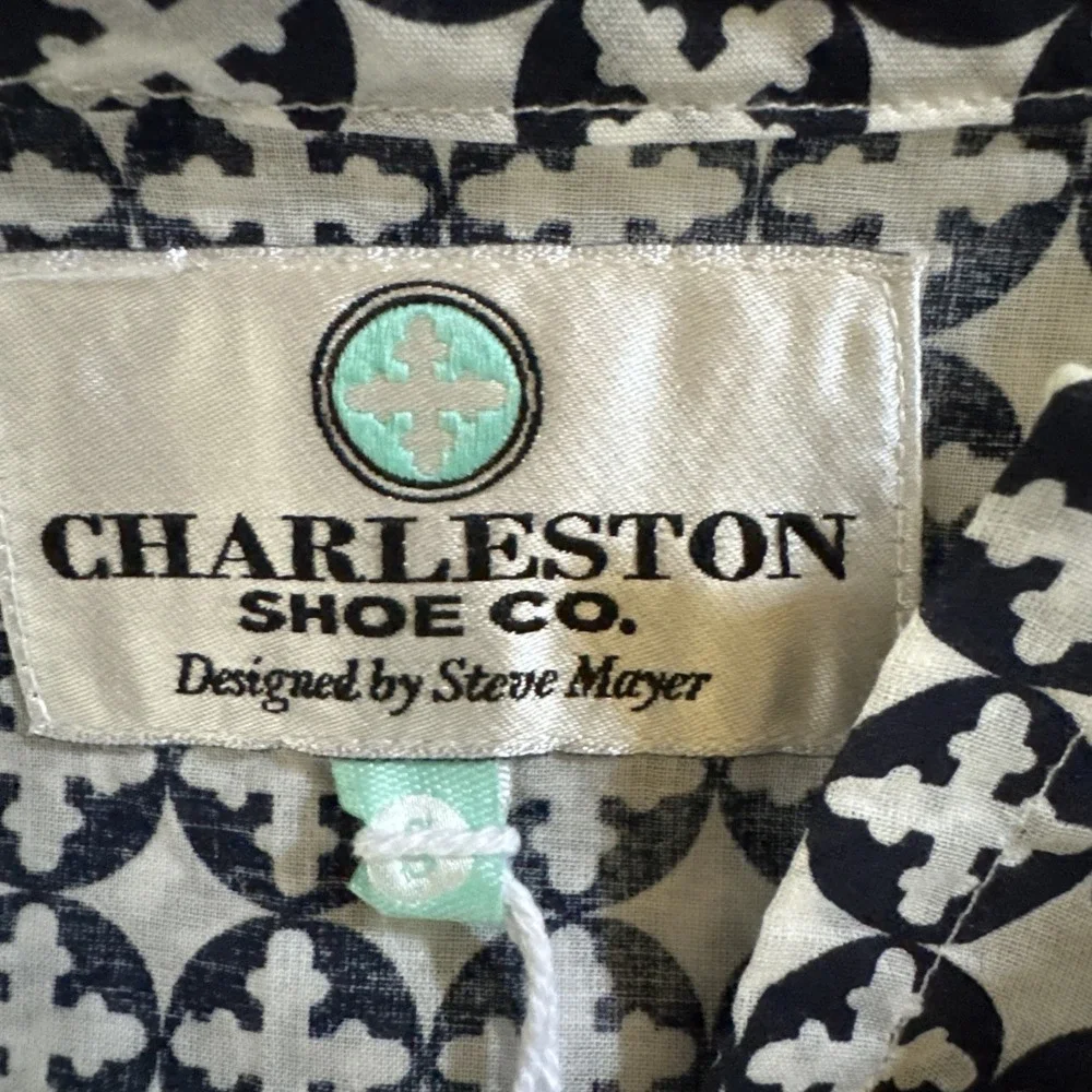 CHARLESTON SHOE CO. NAVY & WHITE COTTON Geometric LOGO 3/4 SLVS TUNIC SM‎ NEW